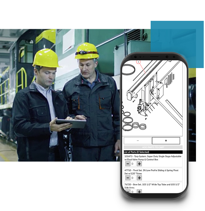 two workers with hardhats in a manufacturing plant and schematics displayed on a mobile phone